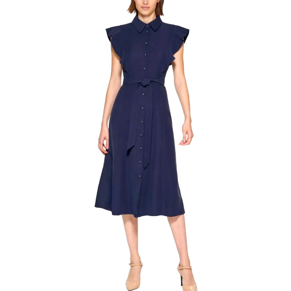 CALVIN KLEIN Womens Navy Belted Button Down Shirt Dress. SIZE 4